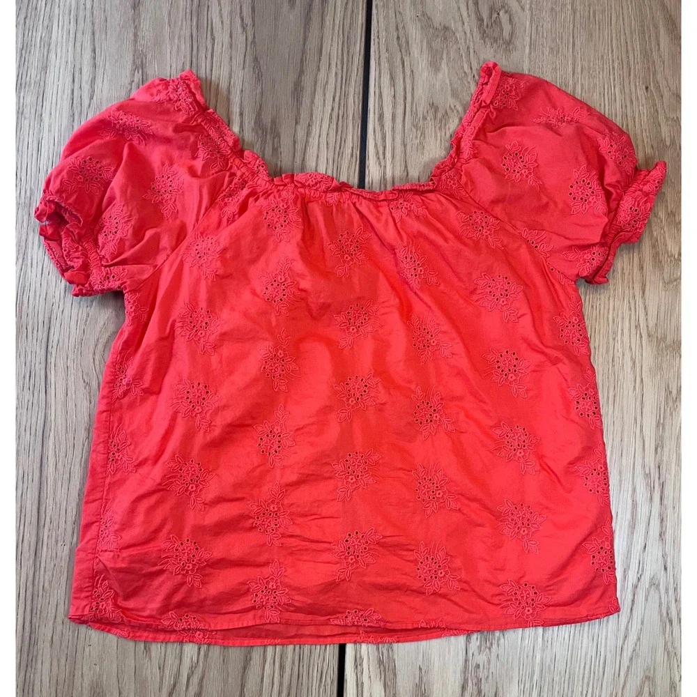 J.Crew Eyelet Puff Sleeve Blouse Womens Small Red Prairie Cottagecore Top